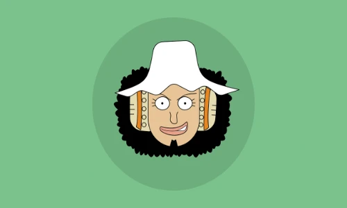 A boy named Usopp with a white hat on and yellow ear muffs with a long nose and black frizzy hair