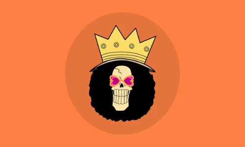 A skeleton with black frizzy hair wearing a crown and red rockstar glasses