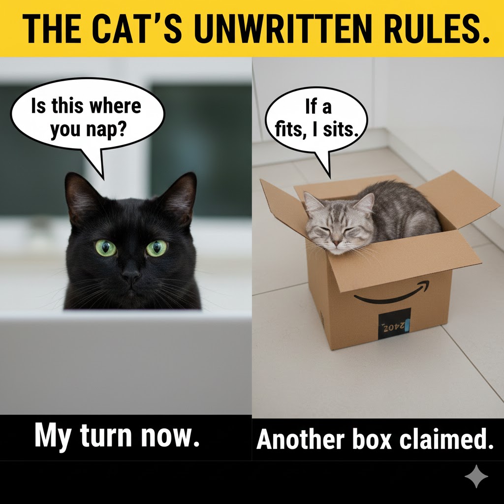 A cat asking this is where the cat sleeps and the cat saying if he fits he sits